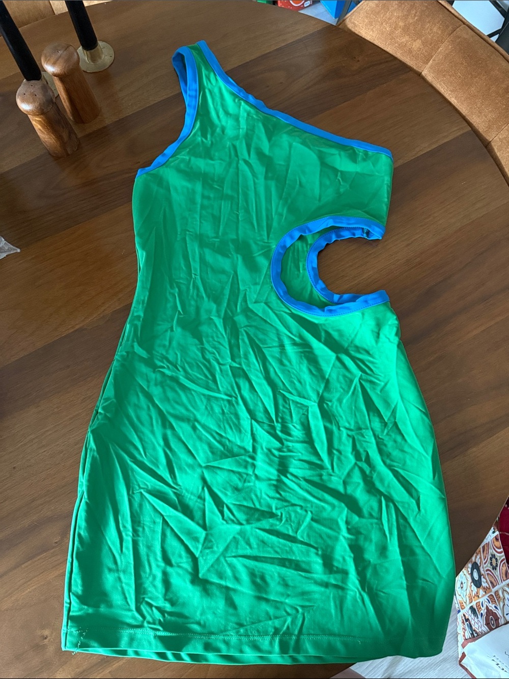 Mango - simonmiller One-Shoulder Green Cutout Mini Dress with Blue Trim